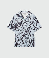 Light blue striped poplin bowling shirt with Sketched Bunnies print and chest pocket