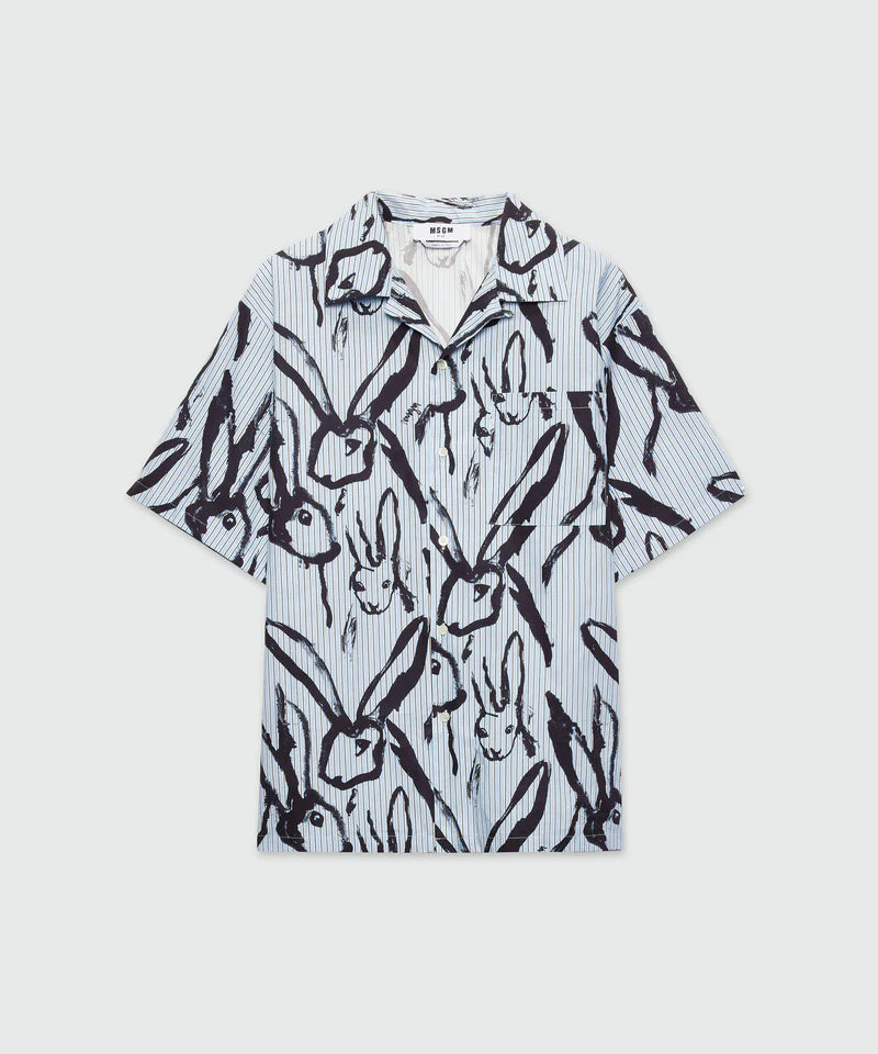 Light blue striped poplin bowling shirt with Sketched Bunnies print and chest pocket