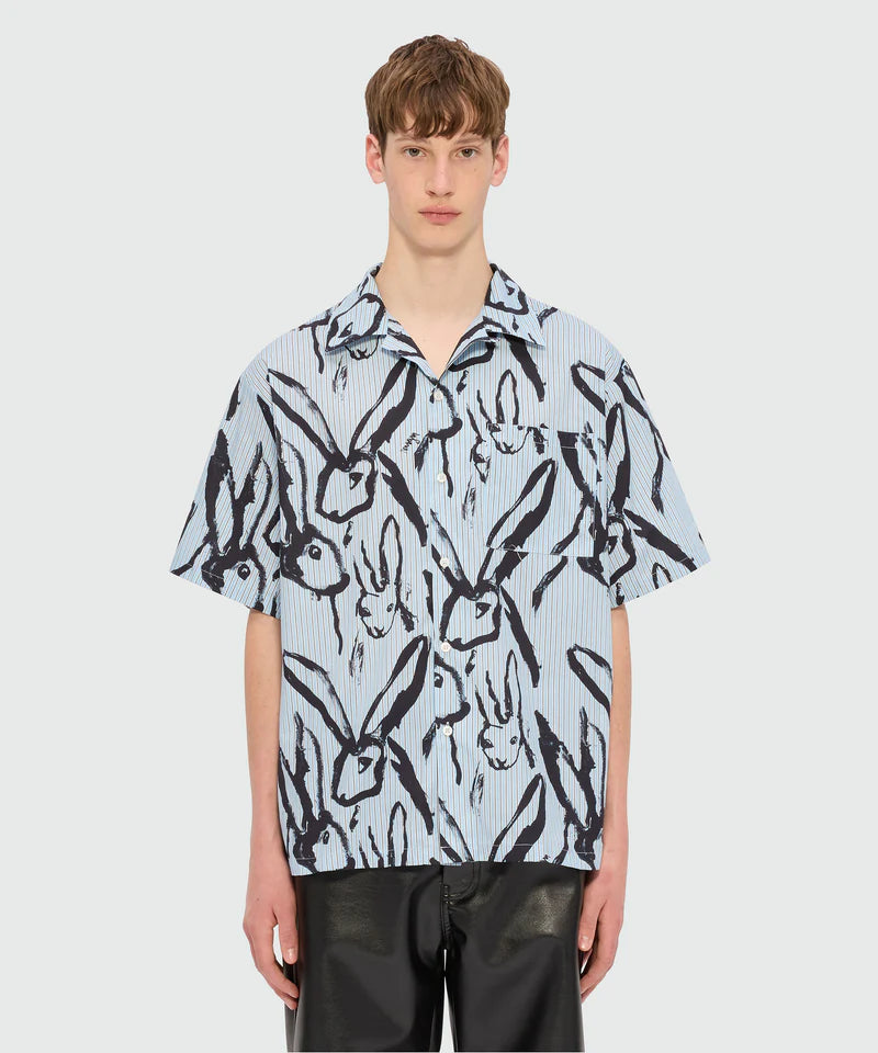 Light blue striped poplin bowling shirt featuring 'Sketched Bunnies' print and patch chest pocket.
