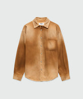 Beige spray-effect denim shirt with classic collar, button closure, chest pocket, and oversized fit.