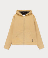 Beige hooded jacket in scubbato velvet with kangaroo pockets and metal zip closure, oversized fit.