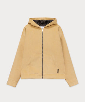 Beige hooded jacket in scubbato velvet with kangaroo pockets and metal zip closure, oversized fit.