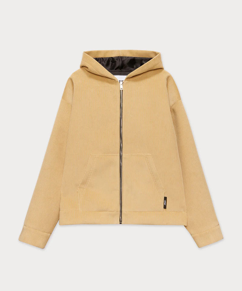 Beige hooded jacket in scubbato velvet with kangaroo pockets and metal zip closure, oversized fit.