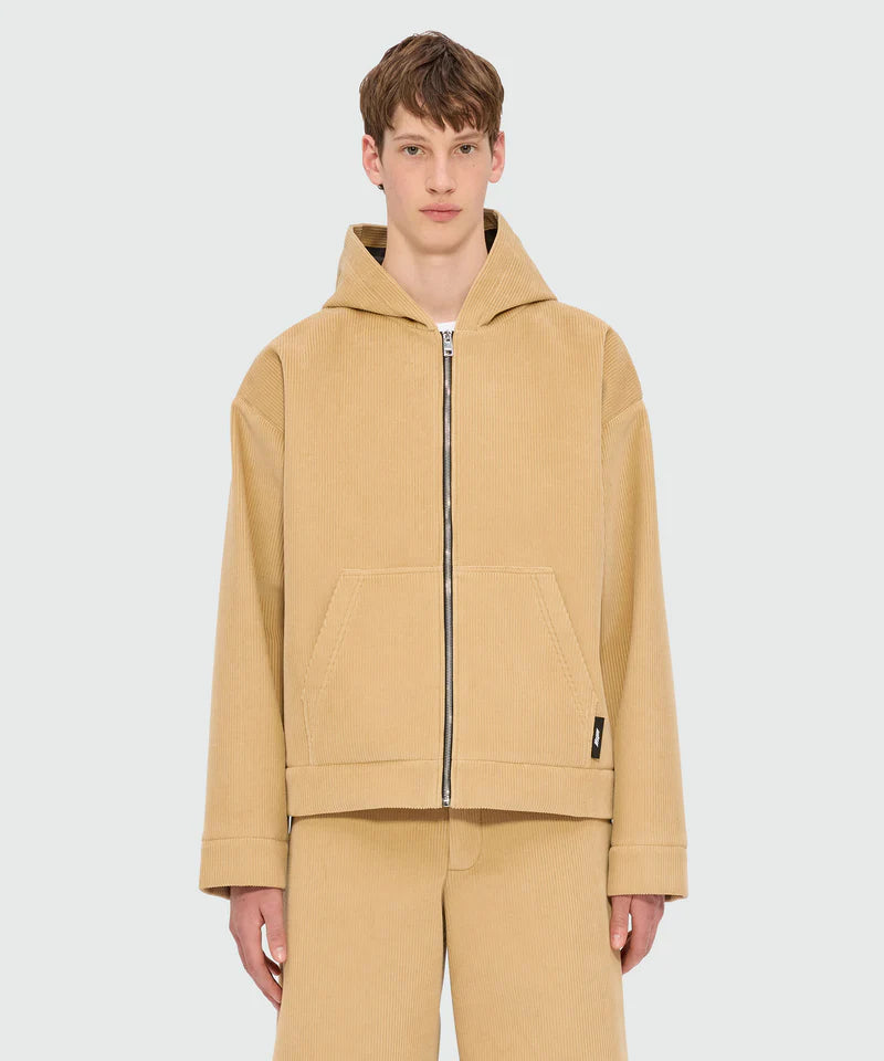 Beige hooded jacket in scubbato velvet with kangaroo pockets, oversized fit, and metal zip closure by MSGM.
