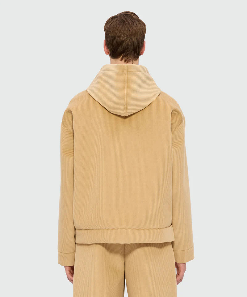 Beige hooded jacket in scubbato velvet with oversized fit and visible stitching on the back