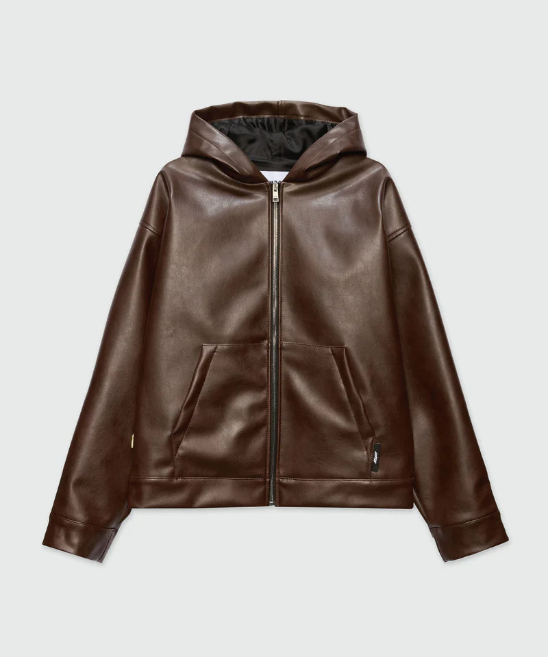 Brown textured faux leather hooded jacket with kangaroo pocket and front metal zip closure, regular fit.