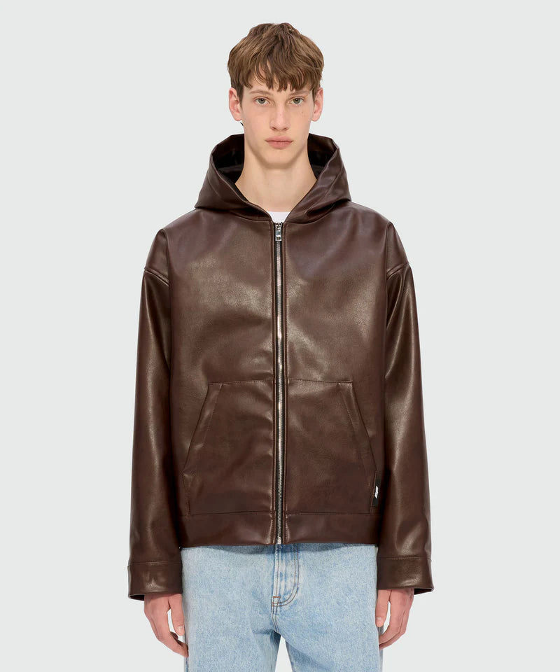 Brown textured faux leather hooded jacket with kangaroo pocket and zip closure modeled by a person wearing size M/48.