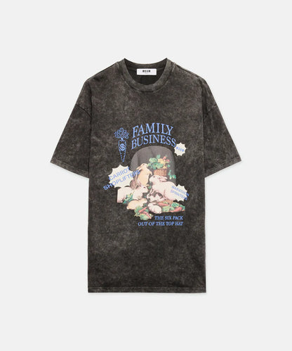 Black marbled jersey T-shirt with 'Family Business' print, crew neck, oversized fit, size M/48.