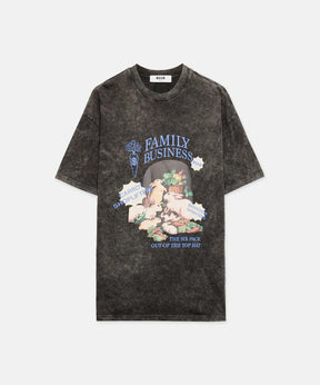 Black marbled jersey T-shirt with 'Family Business' print, crew neck, oversized fit, size M/48.