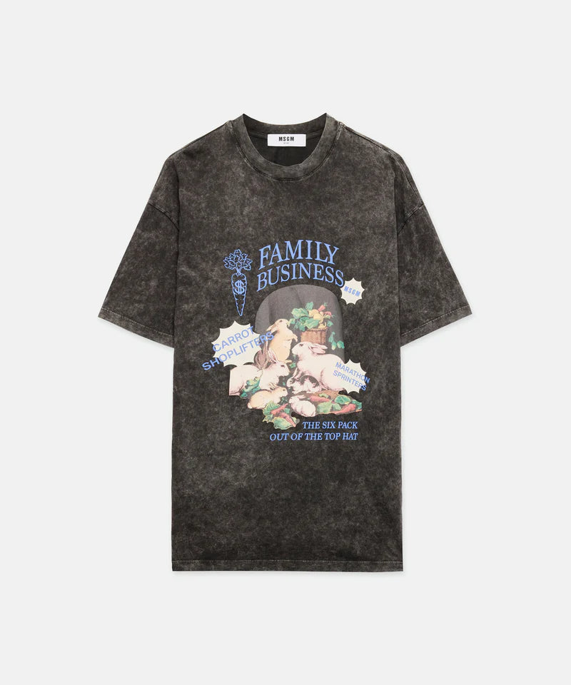 Black marbled jersey T-shirt with 'Family Business' print, crew neck, oversized fit, size M/48.