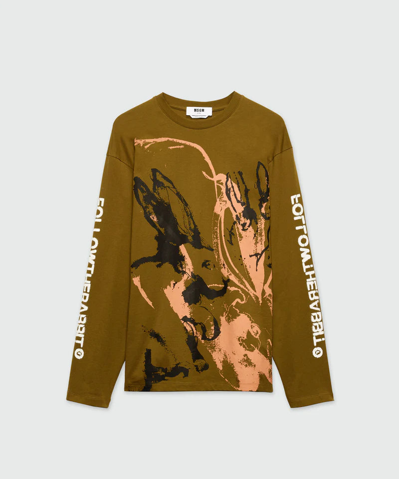 Olive green jersey T-shirt with Sketched Bunnies print and Follow the Rabbit quote on sleeves, regular fit.