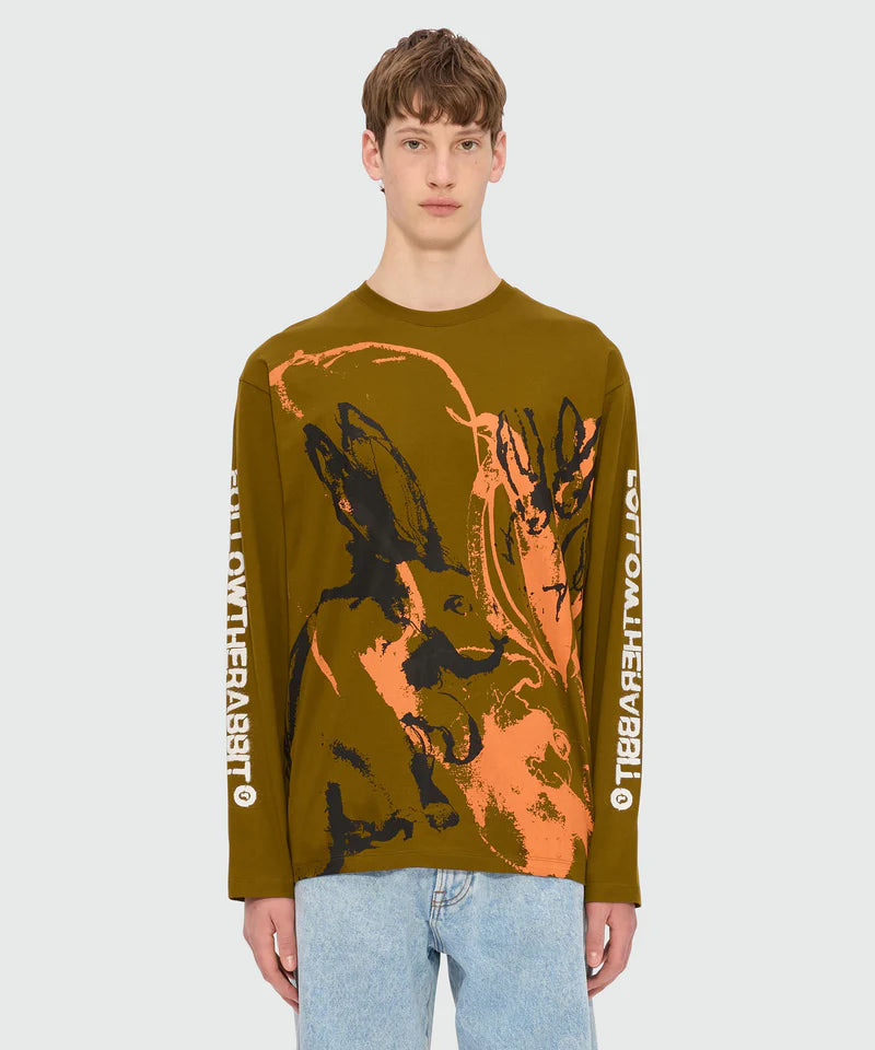 Olive green jersey T-shirt with Sketched Bunnies print and Follow the Rabbit quote on sleeves, model wearing size M/48