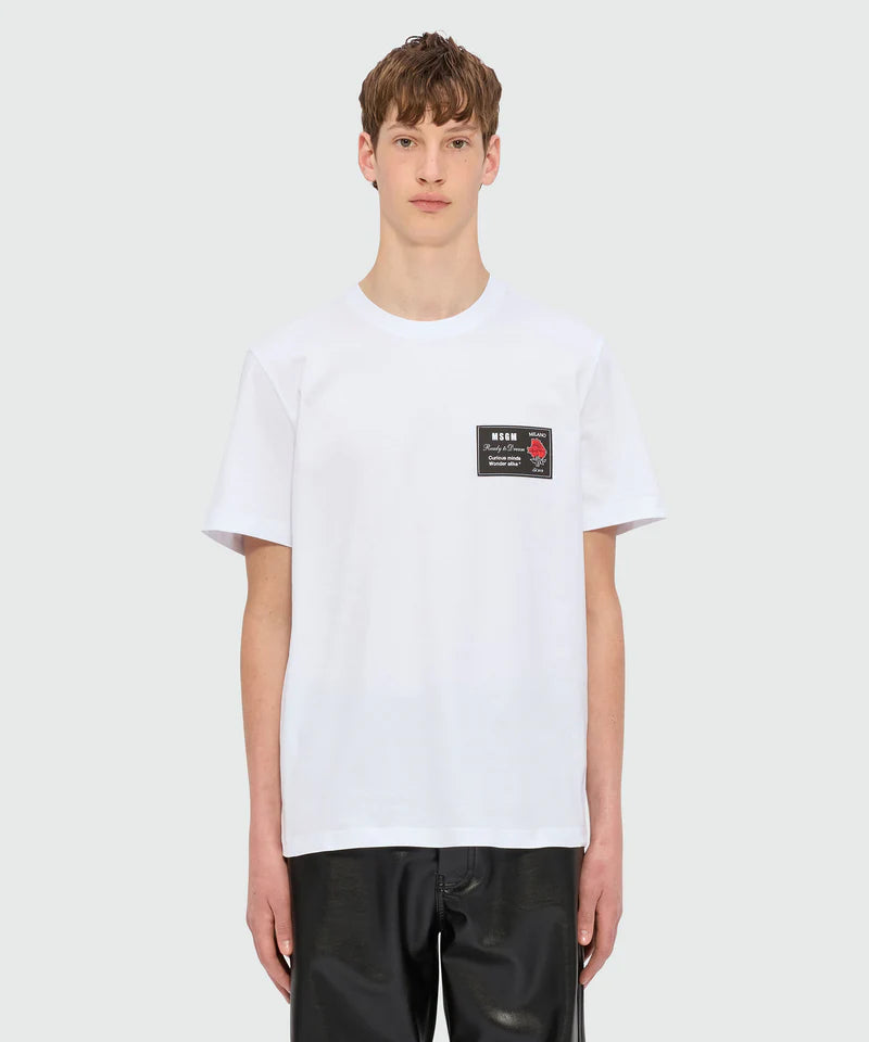 White jersey T-shirt with MSGM Ready to Dream patch on chest, regular fit, modeled in size M.