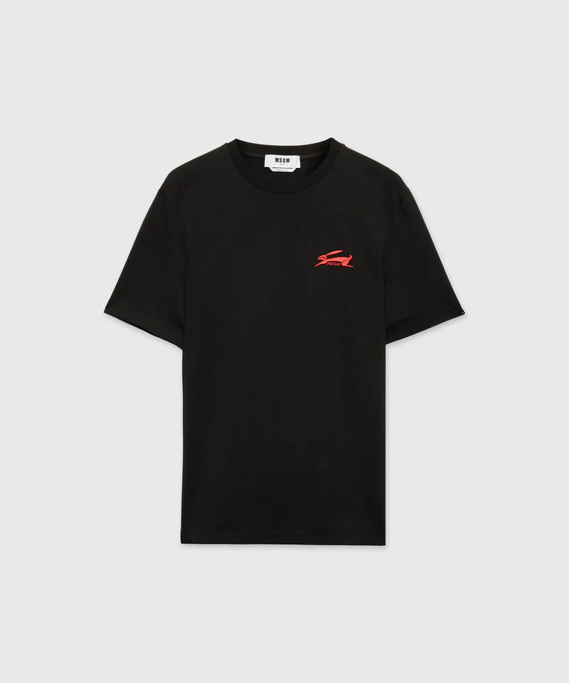 Black jersey T-shirt with 3D embroidery on the chest in regular fit, crew-neck style.