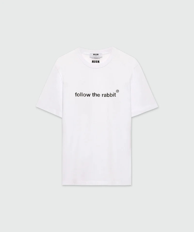 White cotton jersey T-shirt with crew-neck and 'Follow the rabbit®' print, regular fit, size M/48.