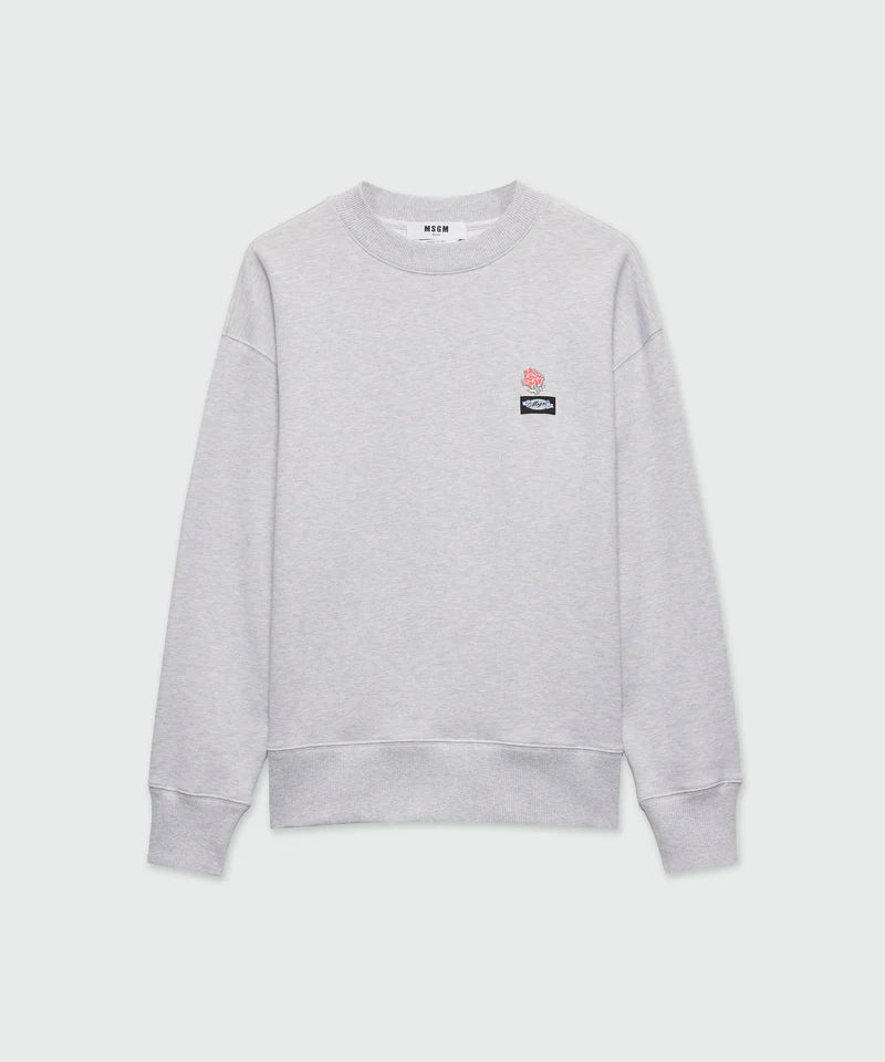 Grey melange jersey sweatshirt with MSGM Roses patch, crewneck, ribbed collar, regular fit, model wears size M/48