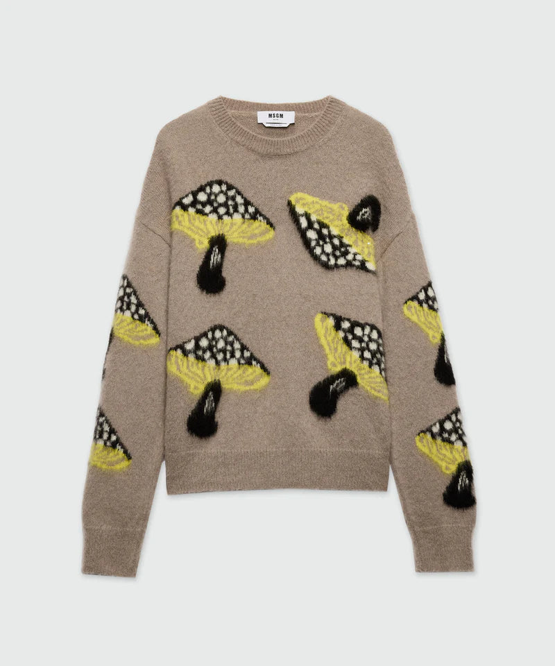 Gray brushed mohair sweater with 'Fantastic Mushroom' jacquard pattern, crewneck, oversized fit, ribbed details.