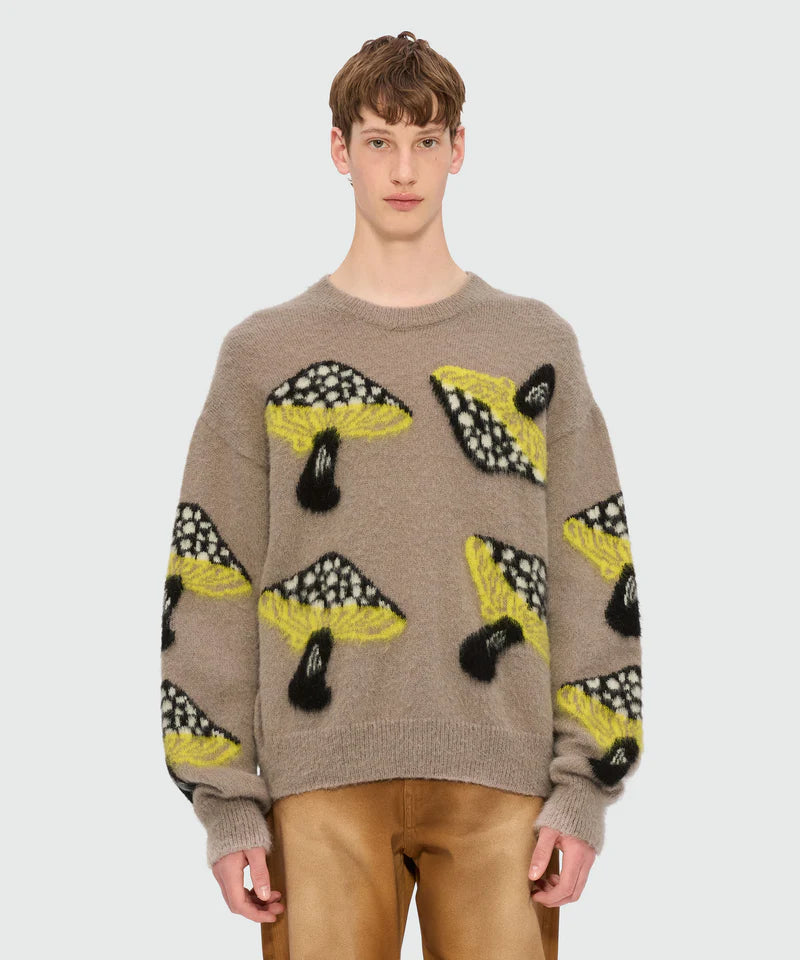 Gray brushed mohair sweater featuring a 'Fantastic Mushroom' jacquard pattern, oversized fit, and ribbed details.