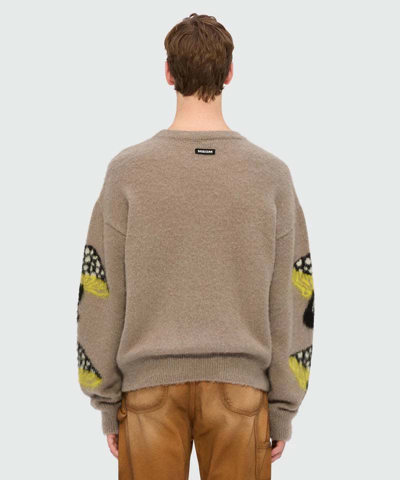 Back view of gray brushed mohair sweater with Fantastic Mushroom jacquard pattern, ribbed collar and oversized fit.