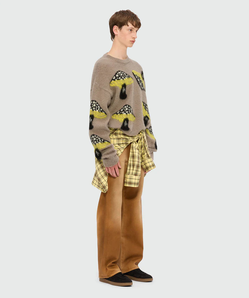 Gray brushed mohair sweater with Fantastic Mushroom jacquard pattern, oversized fit displayed by model.