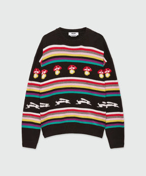 Multicolor jacquard sweater with mushroom and rabbit design, oversized fit, wool blend knit