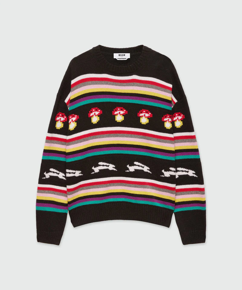 Multicolor jacquard sweater with mushroom and rabbit design, oversized fit, wool blend knit