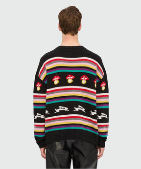 Back view of multicolor jacquard sweater featuring mushrooms and rabbits, crew-neck oversized fit in wool blend.