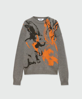 Grey crew neck sweater with contrasting Sketched Bunnies print on front, ribbed collar and cuffs, MSGM label