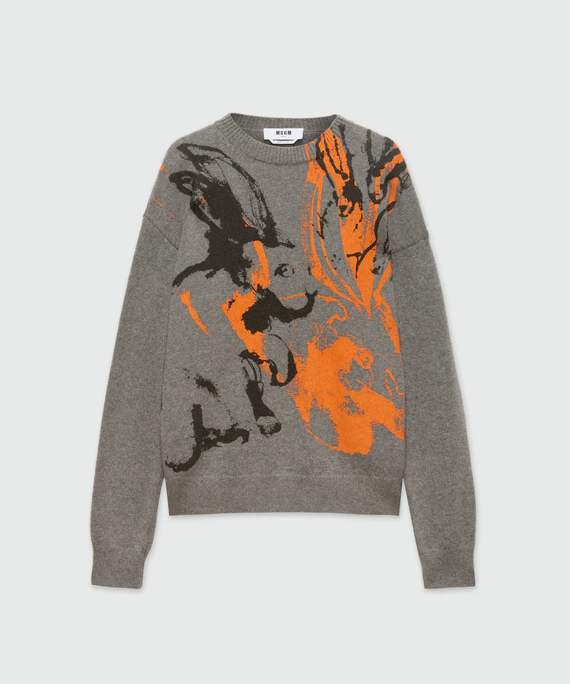 Grey crew neck sweater with contrasting Sketched Bunnies print on front, ribbed collar and cuffs, MSGM label