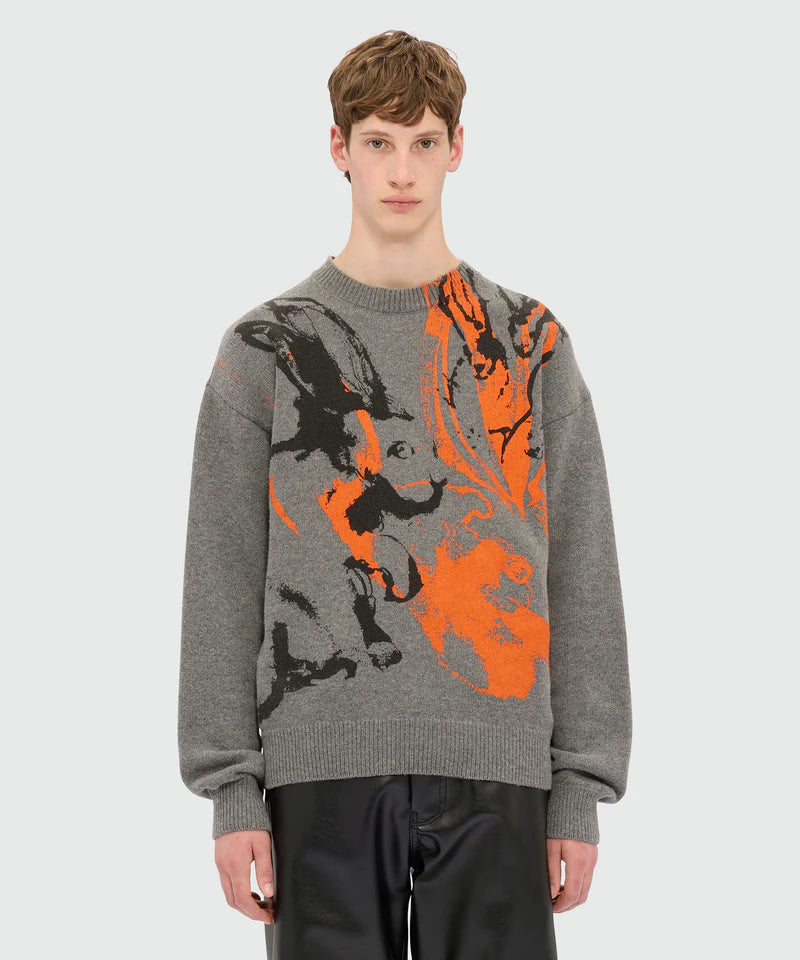 Grey crew neck sweater featuring 'Sketched Bunnies' print, ribbed details, and MSGM label on the back.