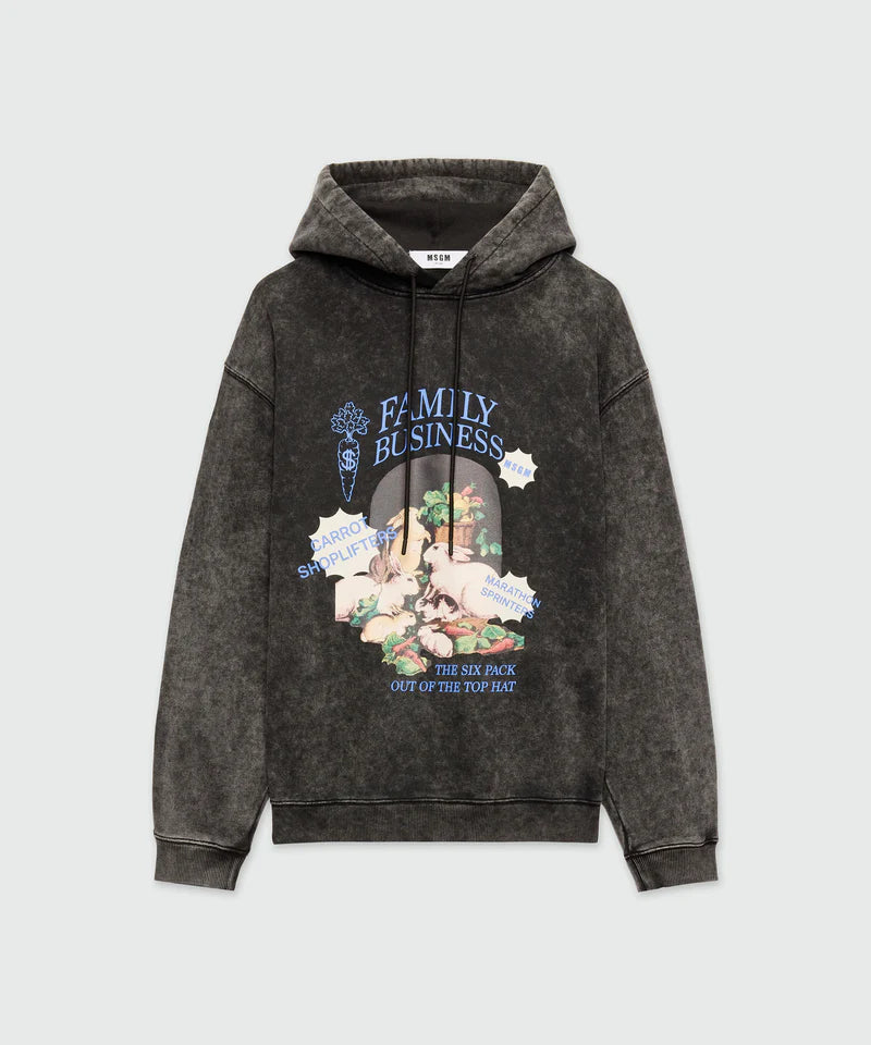 Black marbled jersey hoodie with 'Family Business' print, adjustable drawstring hood, ribbed cuffs, and regular fit.