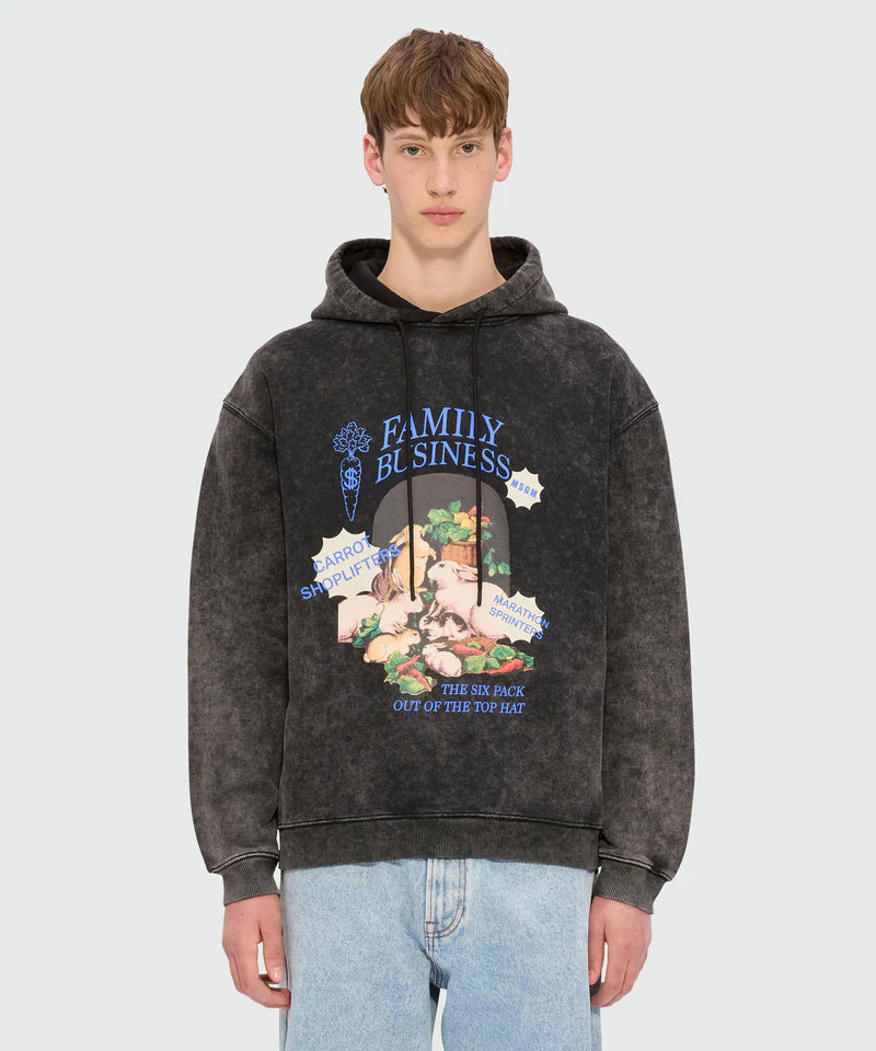 Black marbled cotton jersey hoodie with 'Family Business' print and adjustable drawstring hood.