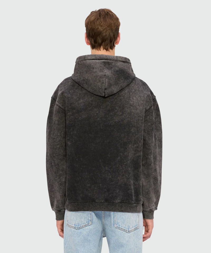 Back view of black marbled jersey hoodie with adjustable drawstring and ribbed cuffs.