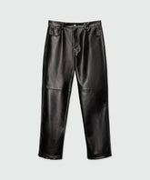 Black textured faux leather trousers with horizontal knee seams and five-pocket styling