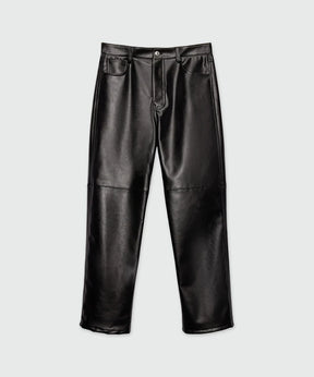 Black textured faux leather trousers with horizontal knee seams and five-pocket styling