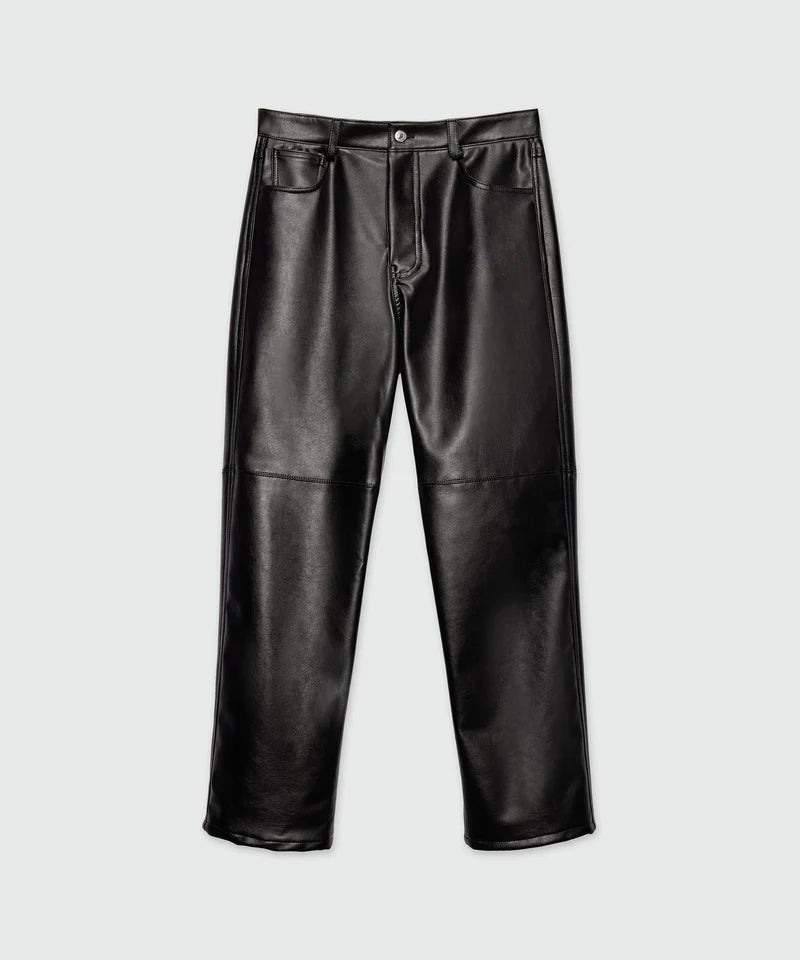 Black textured faux leather trousers with horizontal knee seams and five-pocket styling