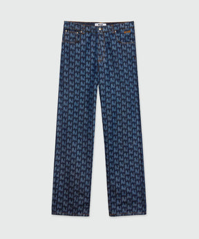 Blue laser-cut denim trousers featuring TheMwave motif with five-pocket design and mid-rise waist.