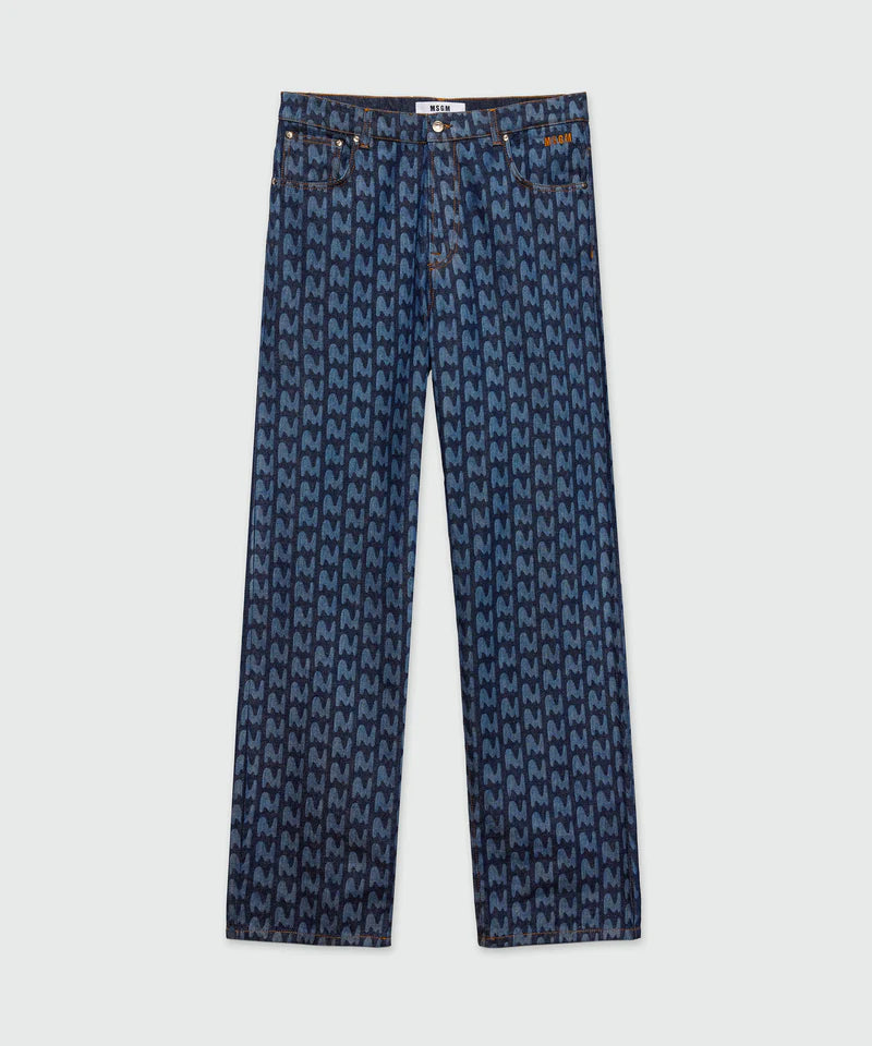 Blue laser-cut denim trousers featuring TheMwave motif with five-pocket design and mid-rise waist.