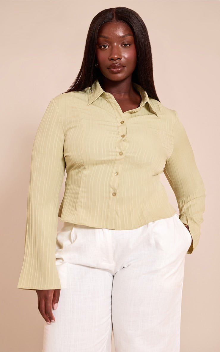 Plus Sage Green Textured Satin Tie Back Shirt