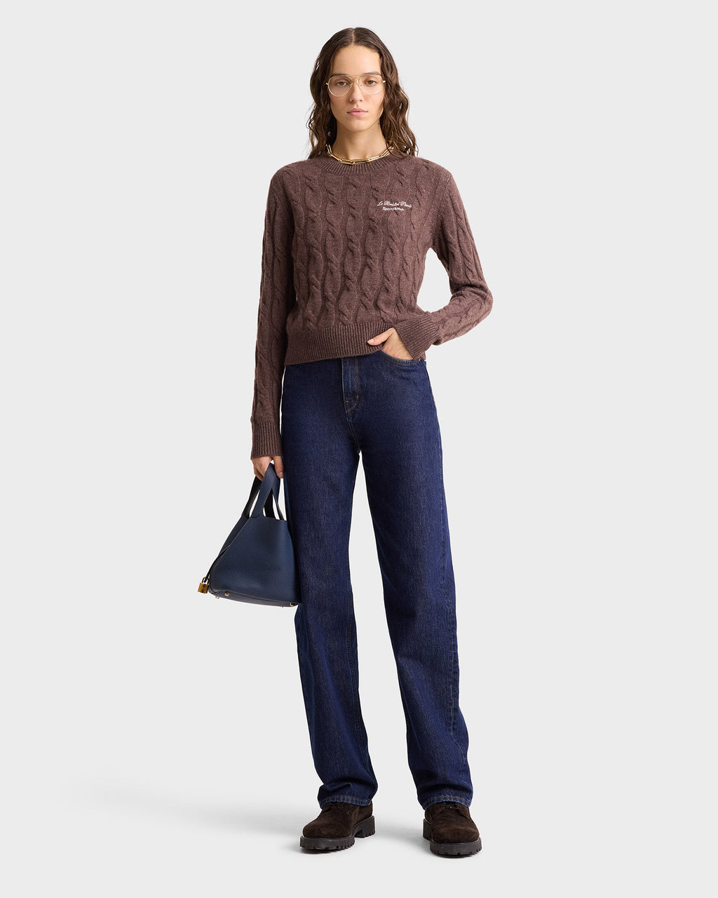 Faubourg Cableknit Wool Cashmere Crewneck - Chocolate/Cream