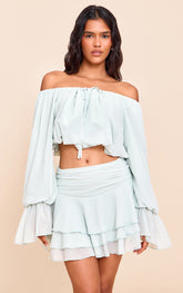 Sage Chiffon Bardot Balloon Sleeve Top