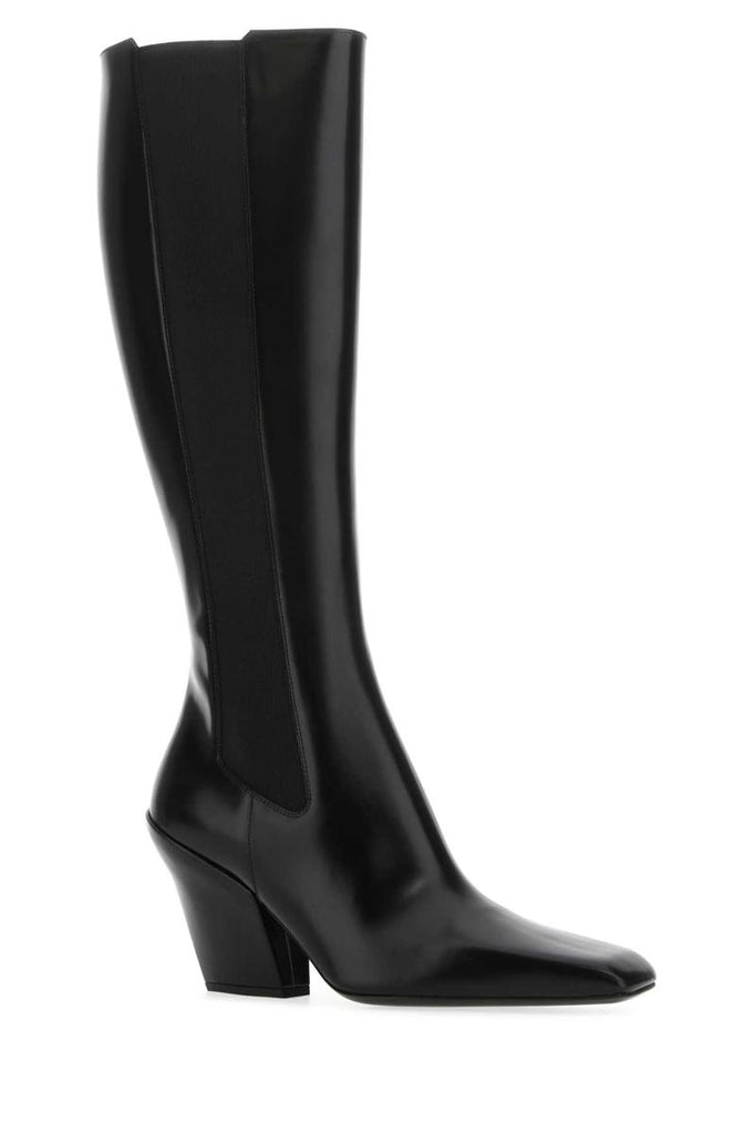 Prada Black Leather Tall Block-Heel Boots