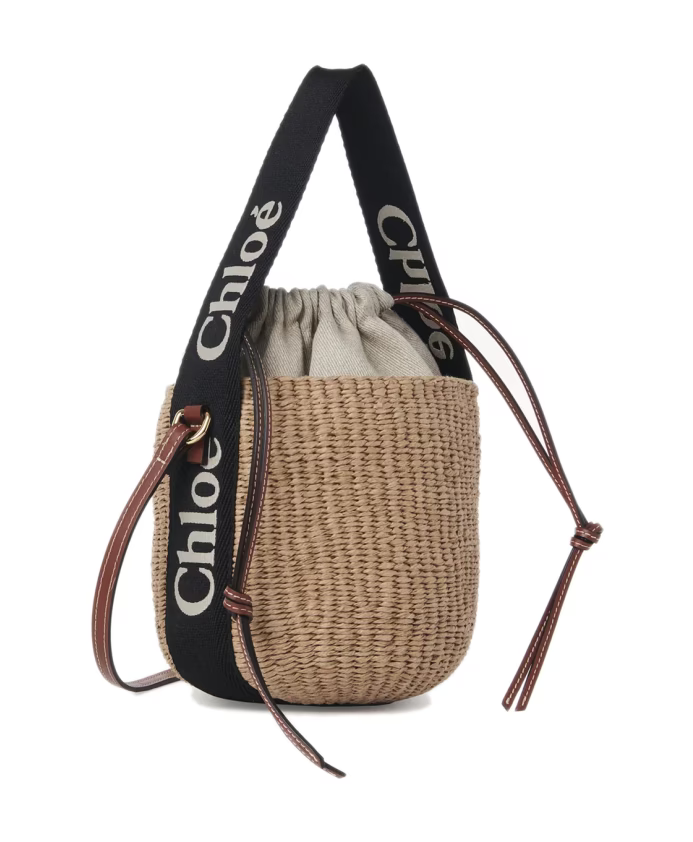 Beige Basket Bag with Ribbon Closure