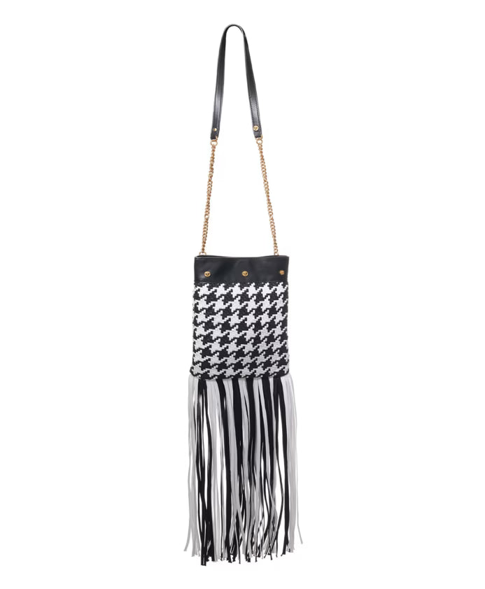 Houndstooth Shoulder Bag with Fringe