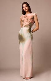Dusty Pink Printed Floral Chiffon Ruched Sleeveless Maxi Dress