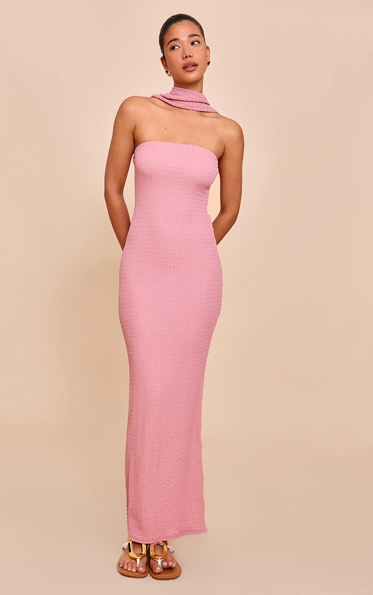 Pink Textured Scarf Detail Bodycon Dress