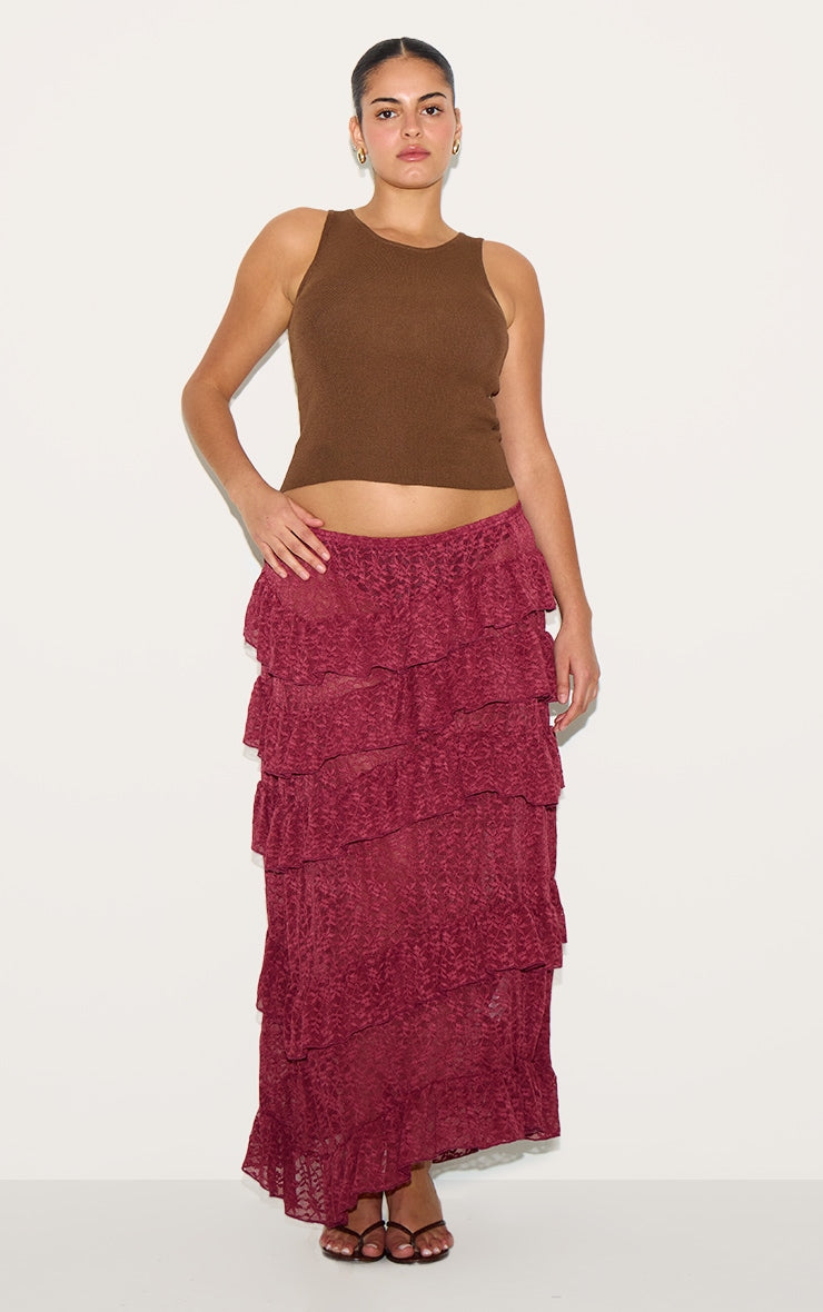 Plus Dark Plum Premium Lace Tiered Floaty Maxi Skirt