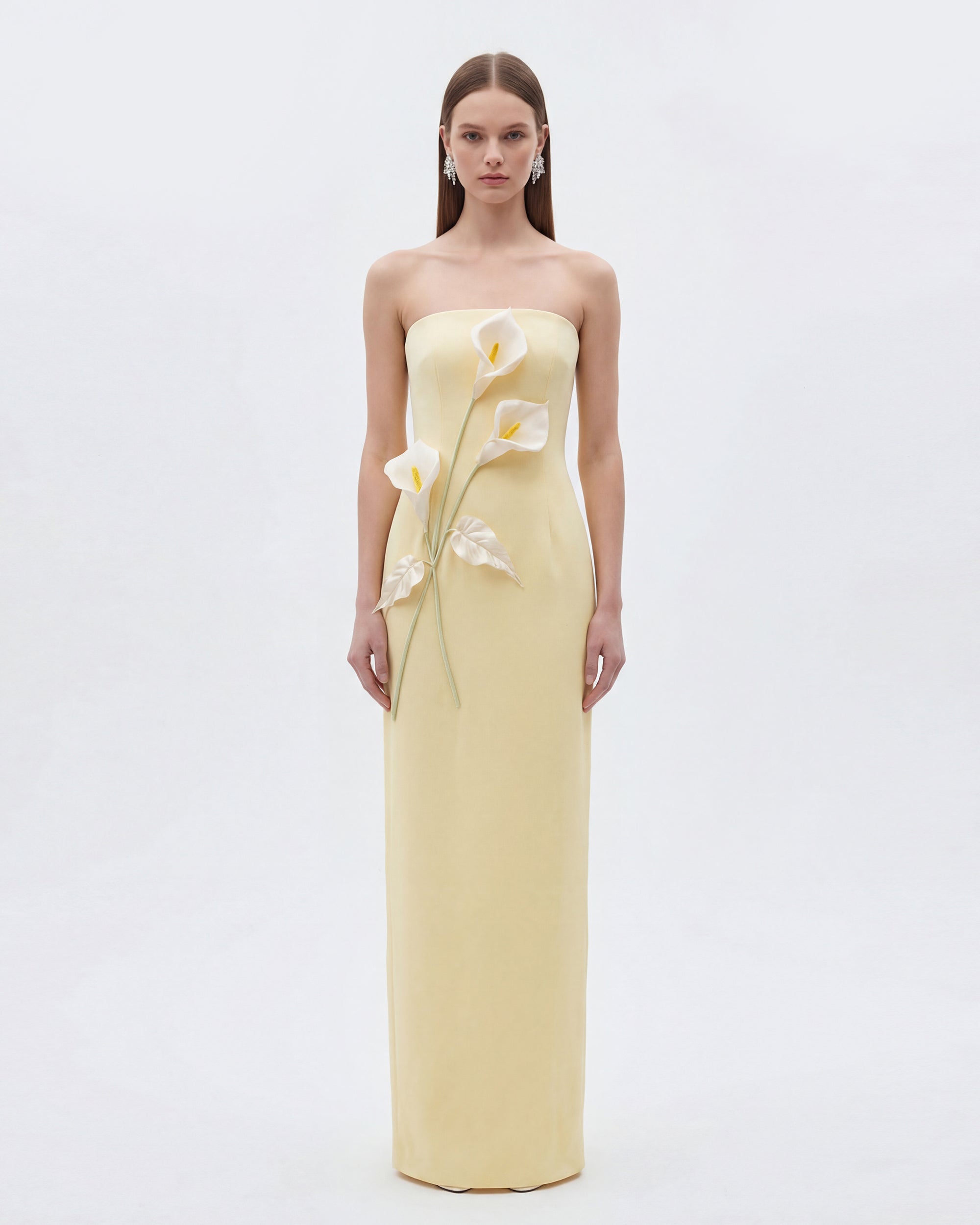 Floral Appliqué Strapless Dress - Cream Ivory
