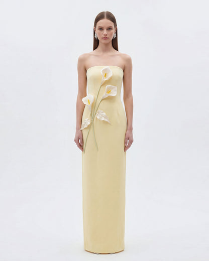 Floral Appliqué Strapless Dress - Cream Ivory