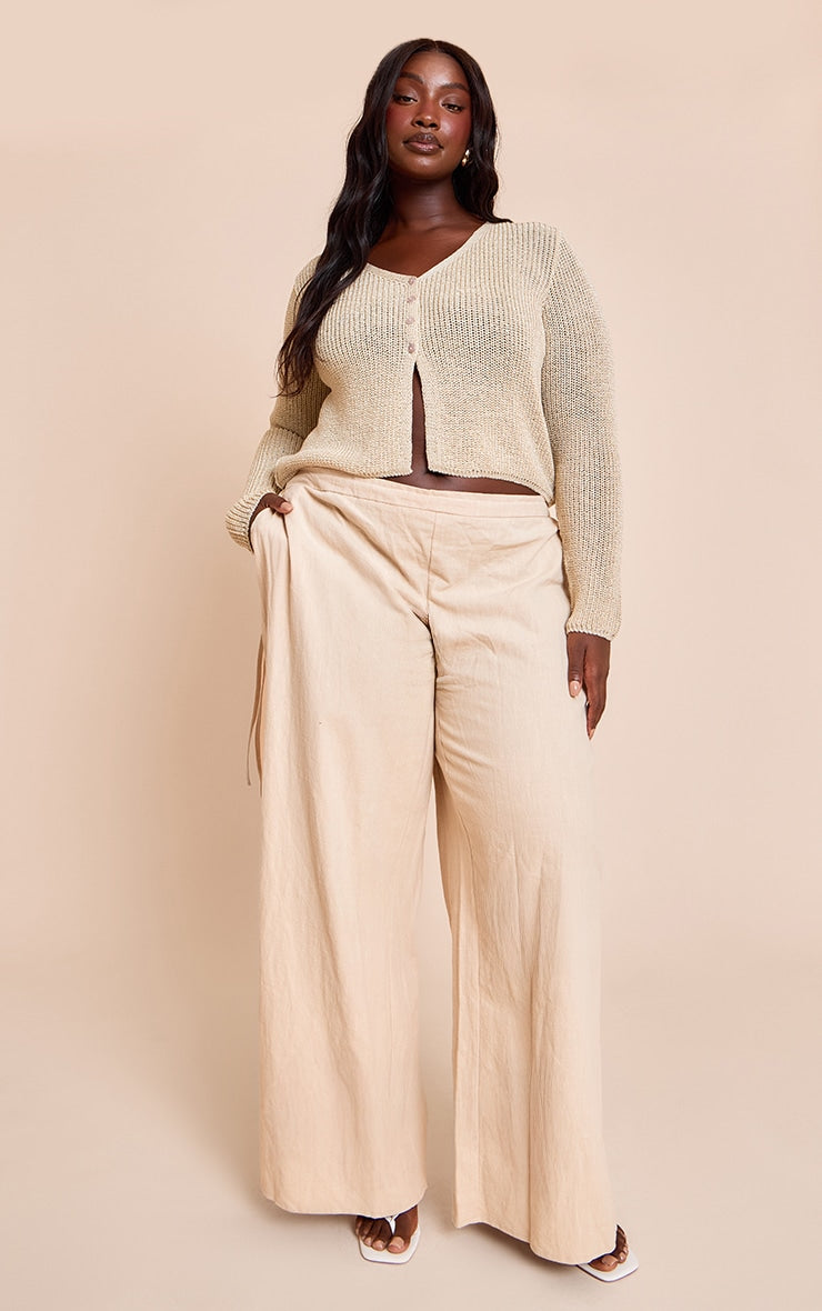 Plus Natural Premium Linen Side Tie Detail Wide Leg Trousers